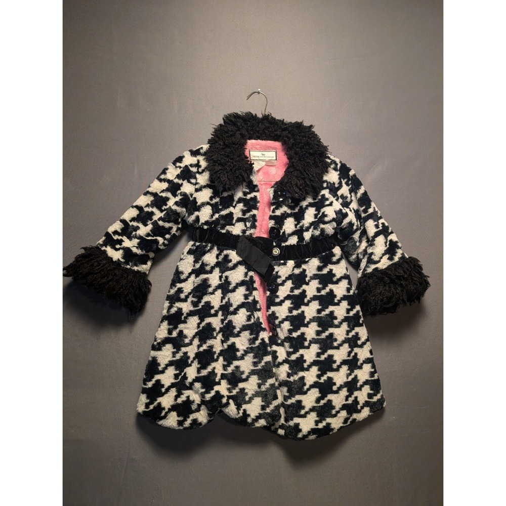 American Widgeon Faux Fur Dress Coat Toddler Girls 5 White Black Houndstooth